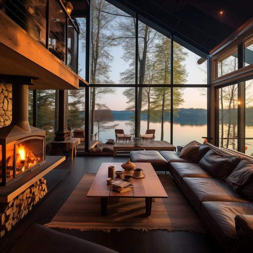 a cottage with huge window an open deck facing lake surrounding by maple trees, a leather sofa on the deck, industrial light fixtures on the ceiling, a wood coffee table with books on top, a fire place in the middle of the deck 16:9