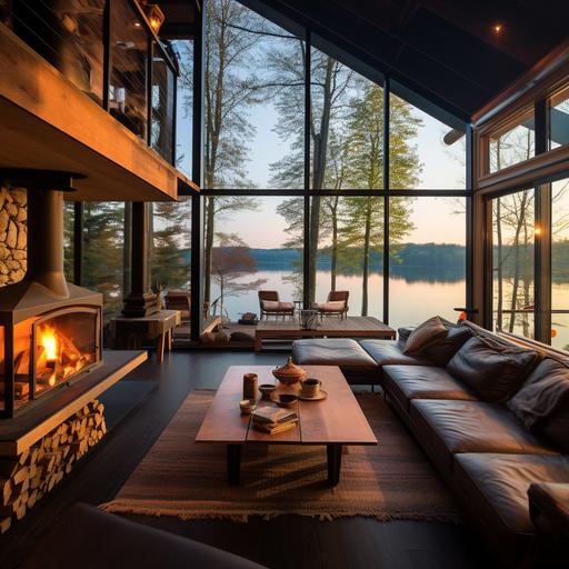 a cottage with huge window an open deck facing lake surrounding by maple trees, a leather sofa on the deck, industrial light fixtures on the ceiling, a wood coffee table with books on top, a fire place in the middle of the deck 16:9