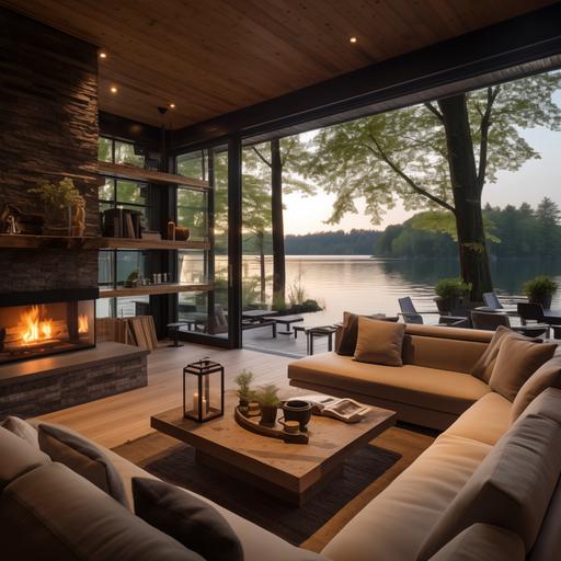 a cottage with huge window an open deck facing lake surrounding by maple trees, a leather sofa on the deck, industrial ceilling light fixtures, a wood coffee table with books on top, a fire place in the middle of the deck