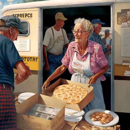 a county fair vendor spreading affordable food to happy folk their work appreciated beyond what what language may say, soothing irate concerns of empty pantries