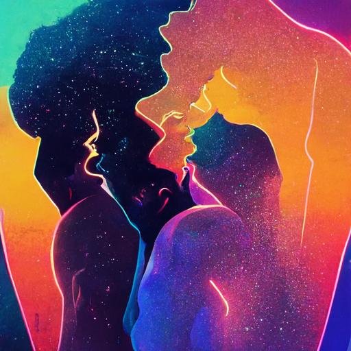 a couple, gay men, muscle, face to face, stubble beard, 30-year-old, love, full body, chest, touching face, kissing, cuddling in bed, night, cozy, neon light, big room, big window, looking cityscape at night, 14k, retro, art realistic, doja cat say so style music video