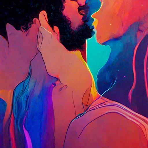 a couple, gay men, muscle, face to face, stubble beard, 30-year-old, love, full body, chest, touching face, kissing, cuddling in bed, night, cozy, neon light, big room, big window, looking cityscape at night, 14k, baroque, realistic, doja cat say so style music video