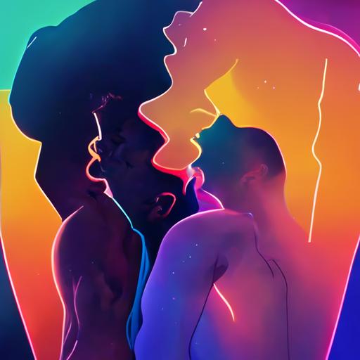 a couple, gay men, muscle, face to face, stubble beard, 30-year-old, love, full body, chest, touching face, kissing, cuddling in bed, night, cozy, neon light, big room, big window, looking cityscape at night, 14k, retro, art realistic, doja cat say so style music video --uplight