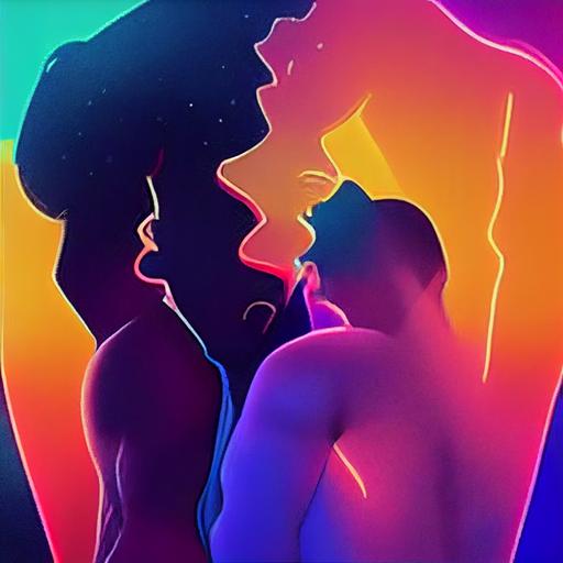 a couple, gay men, muscle, face to face, stubble beard, 30-year-old, love, full body, chest, touching face, kissing, cuddling in bed, night, cozy, neon light, big room, big window, looking cityscape at night, 14k, retro, art realistic, doja cat say so style music video --upbeta