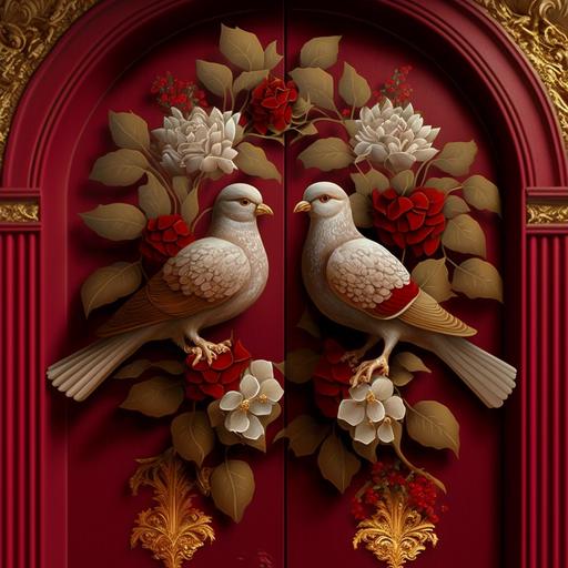 a couple of turtur doves theme Yule red golden heartwarming red and white bell-flowers door --v 4