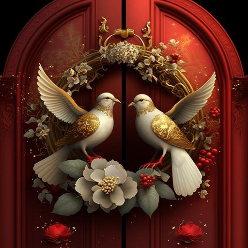 a couple of turtur doves theme Yule red golden heartwarming red and white bell-flowers door --v 4