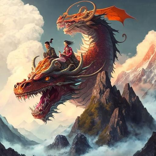 a couple of two people woman and man riding on top of a Chinese dragon from Asian mythology flying over some mountains