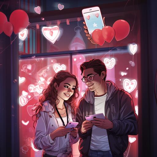 a couple sharing money through a banking app, symbolizing the social aspect of mobile banking, comics book, illustration