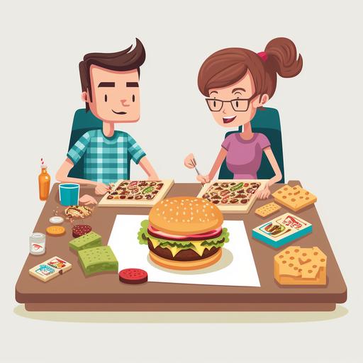a couple sitting at a table. on the table there is a board game and a cheeseburger, the place has a white background, the man has a hand pointing to the game. the woman is eating a cheeseburger. in cartoon illustration