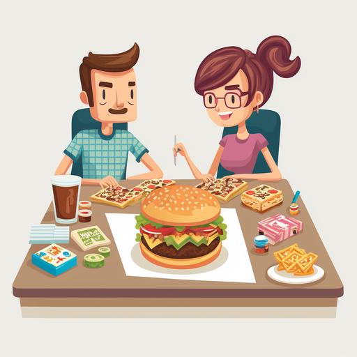 a couple sitting at a table. on the table there is a board game and a cheeseburger, the place has a white background, the man has a hand pointing to the game. the woman is eating a cheeseburger. in cartoon illustration