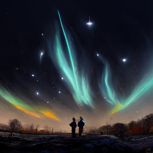a couple wathcing the aurora boralis and a stary sky,realstic,very detailed --uplight