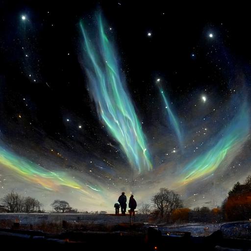 a couple wathcing the aurora boralis and a stary sky,realstic,very detailed