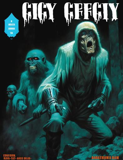a cover of creepy by a man in a gorilla costume, in the style of pulp comics, #vfxfriday, rusty debris, primitivist, gorecore, light beige and cyan, mono-ha, by Royo Frazetta and Giger --ar 84:109 --q 2 --v 5a