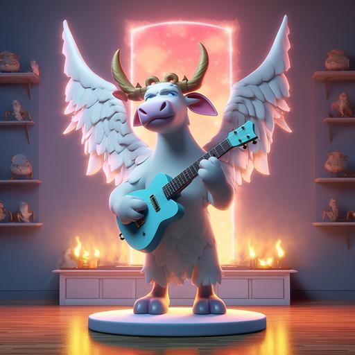 a cow with angel wings and a halo, standing on a speaker in a concert hall, and playing an electric guitar. 3d-rendered cartoon, don bluth style