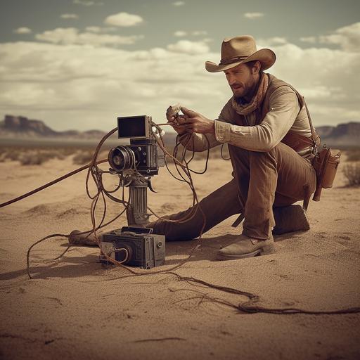 a cowboy lassoing a cinema film camera