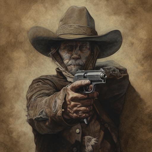 a cowboy with a gun to his head