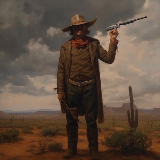 a cowboy with a gun to his head