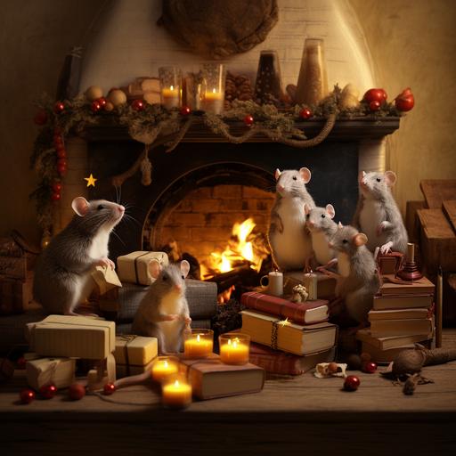a cozy, Christmas scene of rats at home in front of a hearth fire