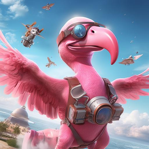 a crazy flamingo as a drone pilot, illustration,cartoon,8k, v5.1