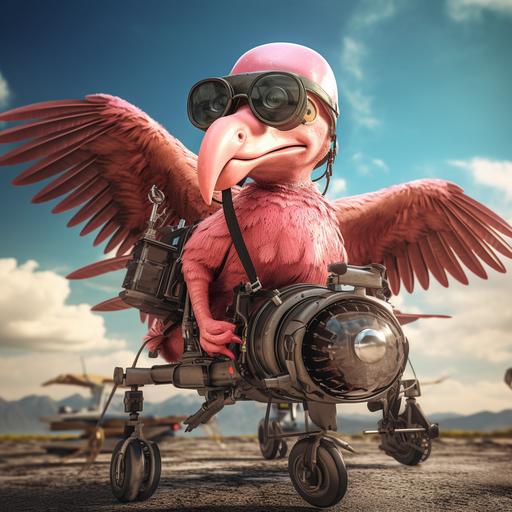 a crazy flamingo as a drone pilot, illustration,cartoon,8k, v5.1