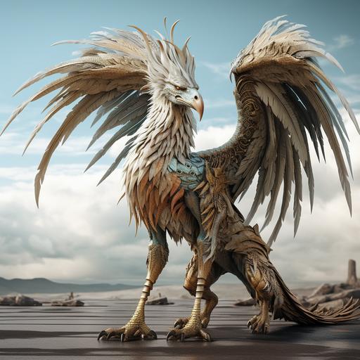 a creature with a horse head, eagle feet and large wings, with a long dragon tail, hyper real