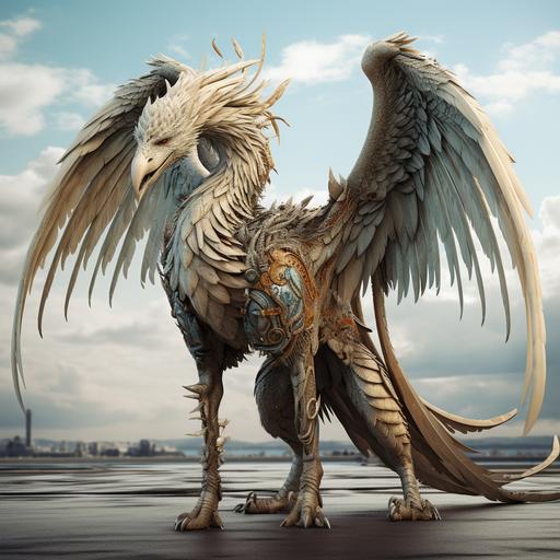 a creature with a horse head, eagle feet and large wings, with a long dragon tail, hyper real