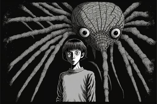 a creature with a human head, the body of a turtle and spider legs, scared people, junji ito, manga --ar 3:2 --v 4 --q 2