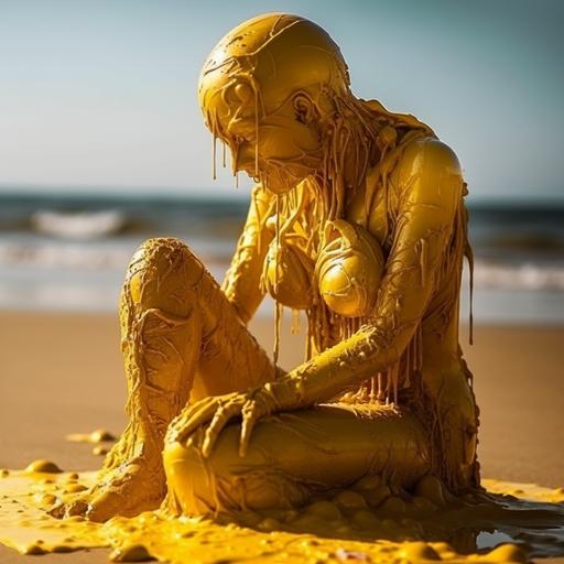 a creepy butter sculpture of a monster woman, melting in the sun, beach, bright sun, photography, highly detailed, lens flares, dripping on the sand, crawling figure, birds nibbling on the butter --s 750 --v 5
