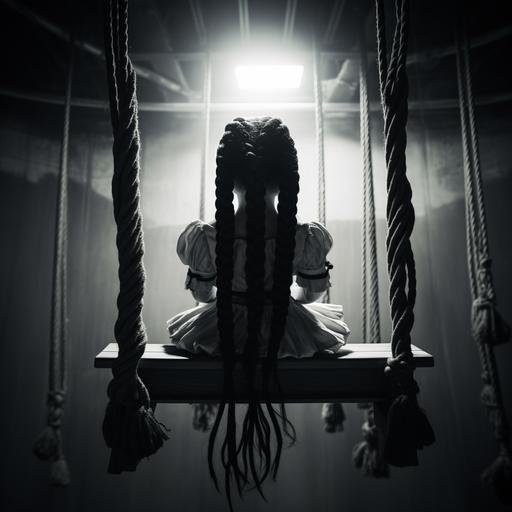a creepy doll sitting on a trapeze, holding the ropes with both hands on either side, facing away from the camera so her back is facing towards us. She is wearing a Wednesday Addams type dress. You can see the backs of her feet as they're dangling over the trapeze. Her hair is in pigtail plaits like Wednesday Addams and her head is twisted around to face us like the exorcist. Style is black only vector