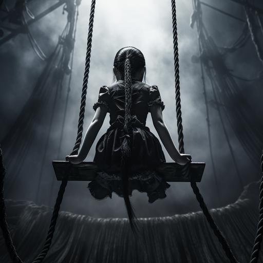a creepy doll sitting on a trapeze, holding the ropes with both hands on either side, facing away from the camera so her back is facing towards us. She is wearing a Wednesday Addams type dress. You can see the backs of her feet as they're dangling over the trapeze. Her hair is in pigtail plaits like Wednesday Addams and her head is twisted around to face us like the exorcist. Style is black only vector