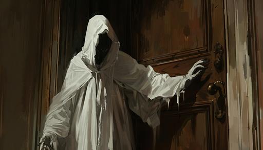 a creepy figure in white robes knocking on a wooden door, painted --ar 7:4 --v 6.0