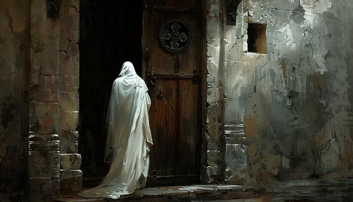 a creepy figure in white robes waiting at a wooden door, roman architecture, painted --ar 7:4 --v 6.0