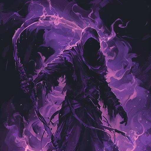a creepy grim reaper holding a scythe with black and purple flames as the background