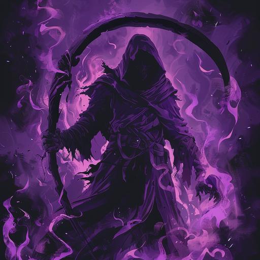 a creepy grim reaper holding a scythe with black and purple flames as the background