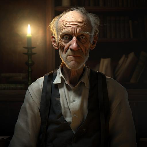 a creepy white old man with no teeth and very rinkly, realistic, 8k, wearing a vest, skinny, libary background, dark lighting