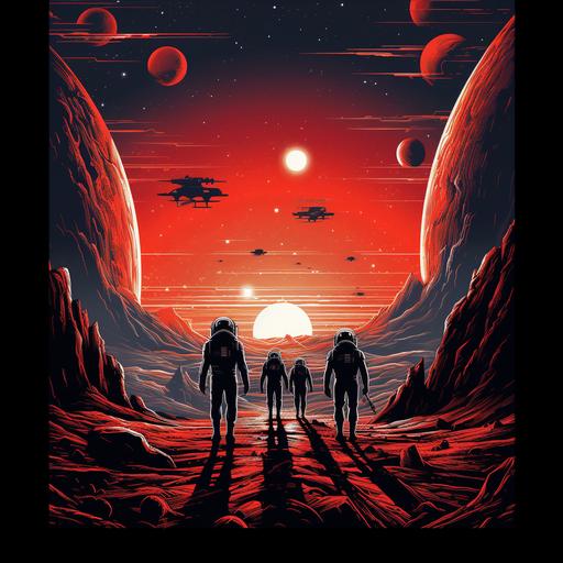 a crew of austronauts on the moon, a spaceship next to them, alien ship, mars in the distance, many stars in background, futurism style, very graphic style,