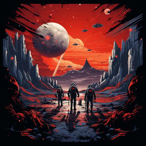 a crew of austronauts on the moon, a spaceship next to them, alien ship, mars in the distance, many stars in background, futurism style, very graphic style,