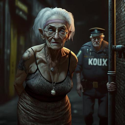 a criminal robbing a really hot old lady, short tight skirt, dark, alley, dystopian, 3d, hi-res