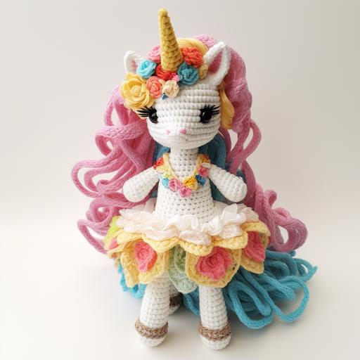 a crocheted stuffed unicorn with a rainbow tutu on an off white backdrop