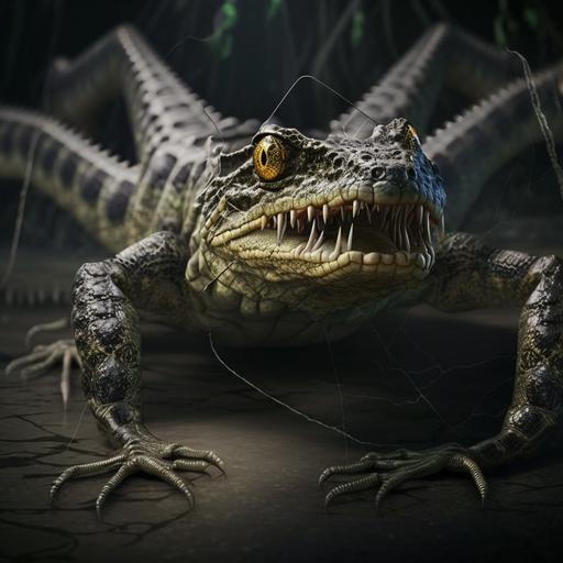 a crocodile, it's mouth open as it lunges. It has many spiders of varying sizes crawling along it's back. There are webs dangling from it's body. 4k. Hyperrealistic.