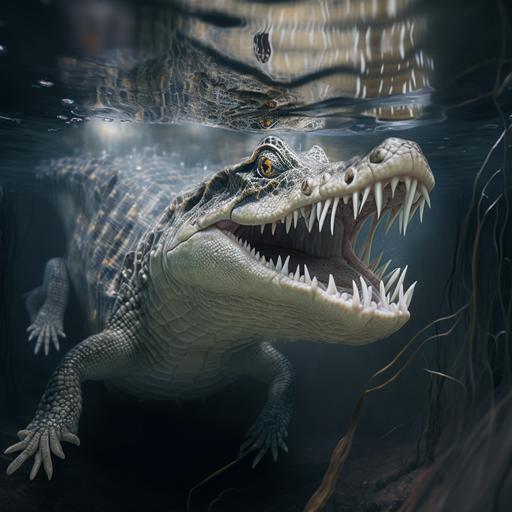 a crocodile, it's mouth open as it lunges. It has many spiders of varying sizes crawling along it's back. There are webs dangling from it's body. 4k. Hyperrealistic.