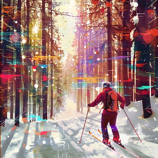 a cross country skiier, skiing through a sunny snowy forest that is made of cyber space disigtal style art