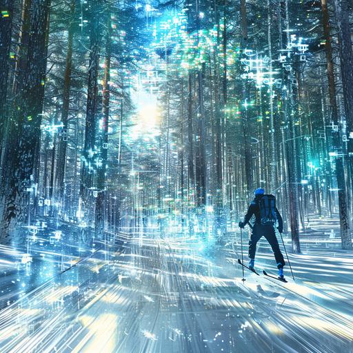 a cross country skiier, skiing through a sunny snowy forest made of abstract digital cyberspace style technology