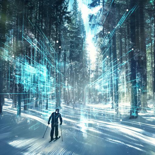 a cross country skiier, skiing through a sunny snowy forest made of abstract digital cyberspace style technology --v 6.0
