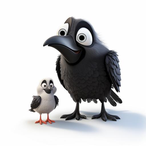 a crow with a baby crow, cartoon style, disney style, white backround, high quality, 3d rendered