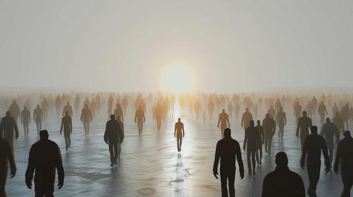 a crowd of people walking in a infinite environment, with just one person walking ahead in first place of all the people --ar 16:9