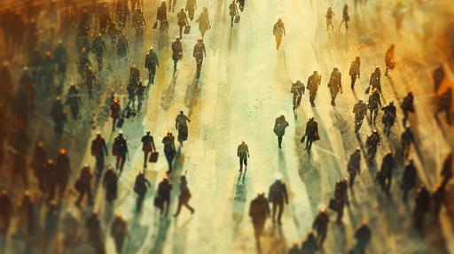 a crowd of people walking in a straith line, with just one person walking ahead in first place of all the people, infinite environment --ar 16:9