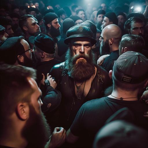 a crowded room in a nightclub of angel headed hipster men wearing a black german police cap and a medim-long beard