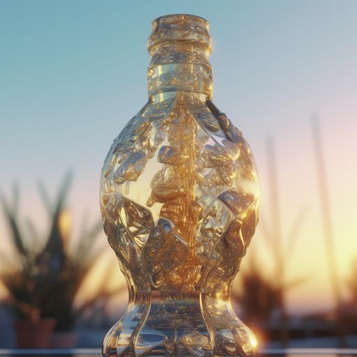 a crystal tranparent translucid Bong full of liquid blazewave. Golden hour, from below, side view, reflections, refractions, 8k, octane render, vray render, detailed, intricade --v 5