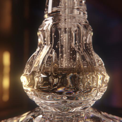 a crystal tranparent translucid Bong full of liquid blazewave. Golden hour, from below, side view, reflections, refractions, 8k, octane render, vray render, detailed, intricade --v 5